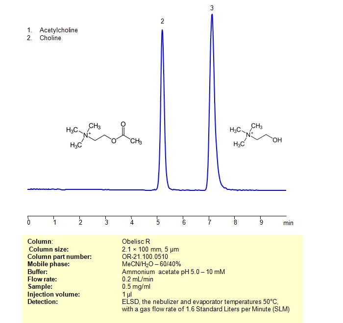 HPLC ELSD Method for Analysis Acetylcholine and Choline on Obelisc R Column Chromatogramm
