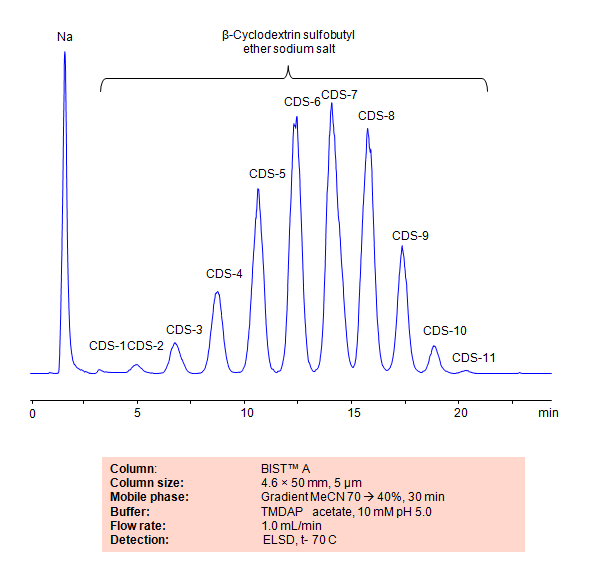 HPLC Method for Analysis of Sulfobutyl ether Beta Cyclodextrin Sodium (SBECD) on BIST™A Column Chromatogramm