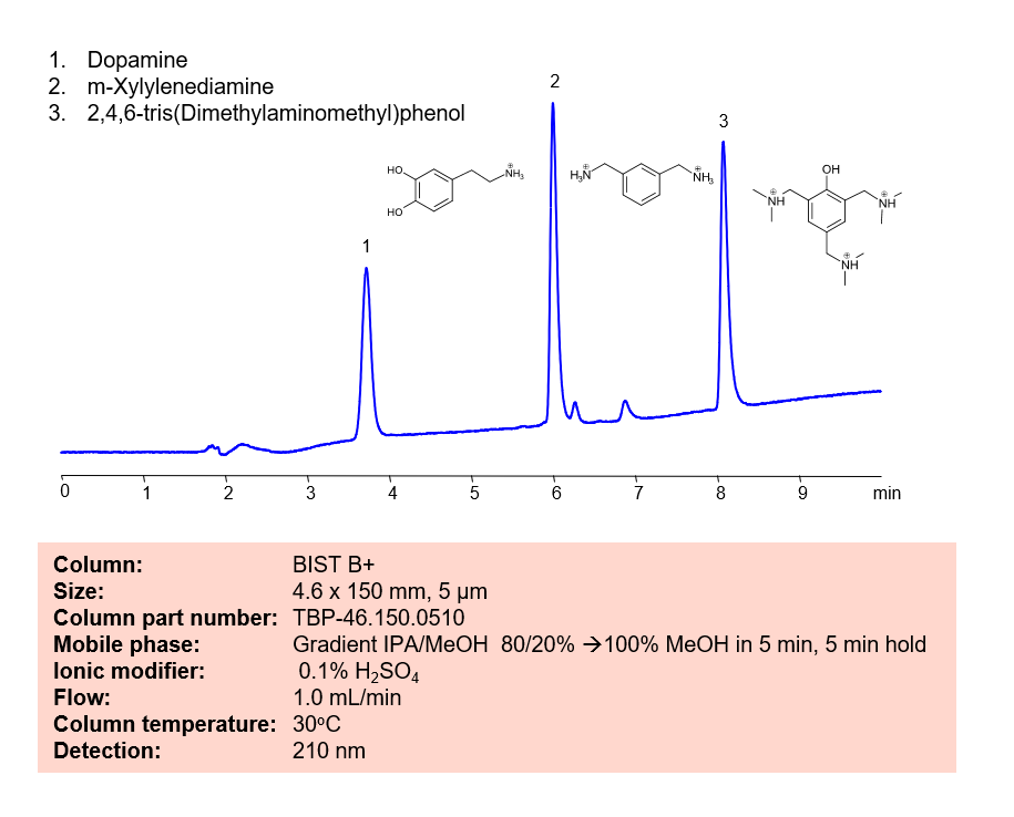HPLC Method for Separation of Amines in Non Aqueous MP on BIST B+ Column Chromatogramm
