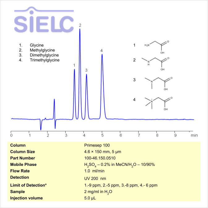 HPLC Method for Separation of Glycine, Methylglycine, Dimethylglycine and Trimethylglycine on Primesep 100 Column Chromatogramm