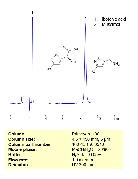 HPLC Method for Separation of Ibotenic Acid and Muscimol on a Primesep 100 Column Chromatogramm