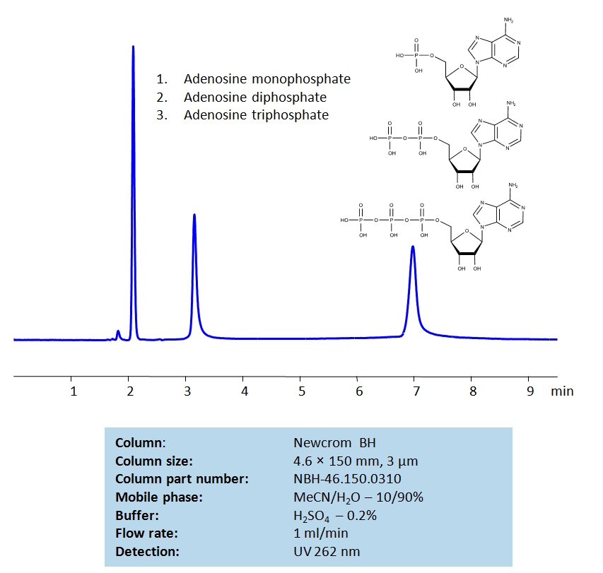 HPLC Separation of Adenosine mono-, di- and triphosphates on Newcrom BH Column Chromatogramm