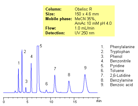 Isoktratische Trennung einer komplexen Mischung von Säuren, Basen, Aminosäuren und neutralen Verbindungen mit einer Obelisc R HPLC-Säule